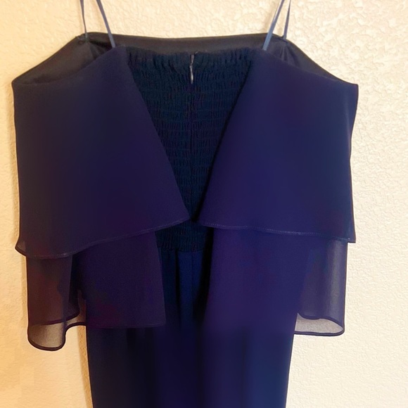 Halston Heritage- Navy Strapless Flowy Chiffon & Crepe Jumpsuit - Picture 5 of 5